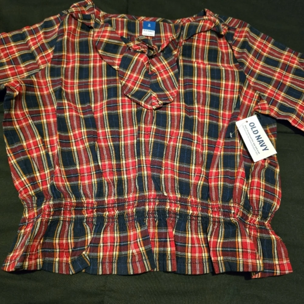 Old Navy Girls Plaid Ruffle Trim Long Sleeve Shirt Red & Blue NWT Size 8 Medium‎